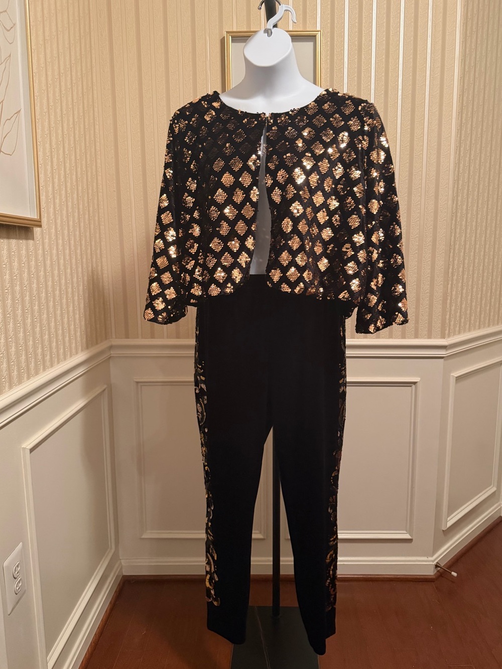 Ashley Stewart Black Velvet Two Piece Set with Sequin Cropped Jacket